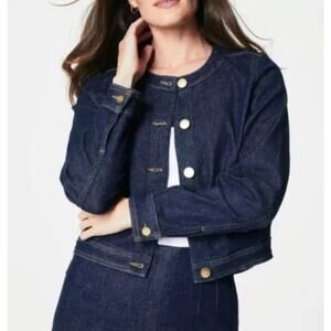 Spanx Gold Buttons Denim Raw Cropped Jacket Indigo Wash Size XS